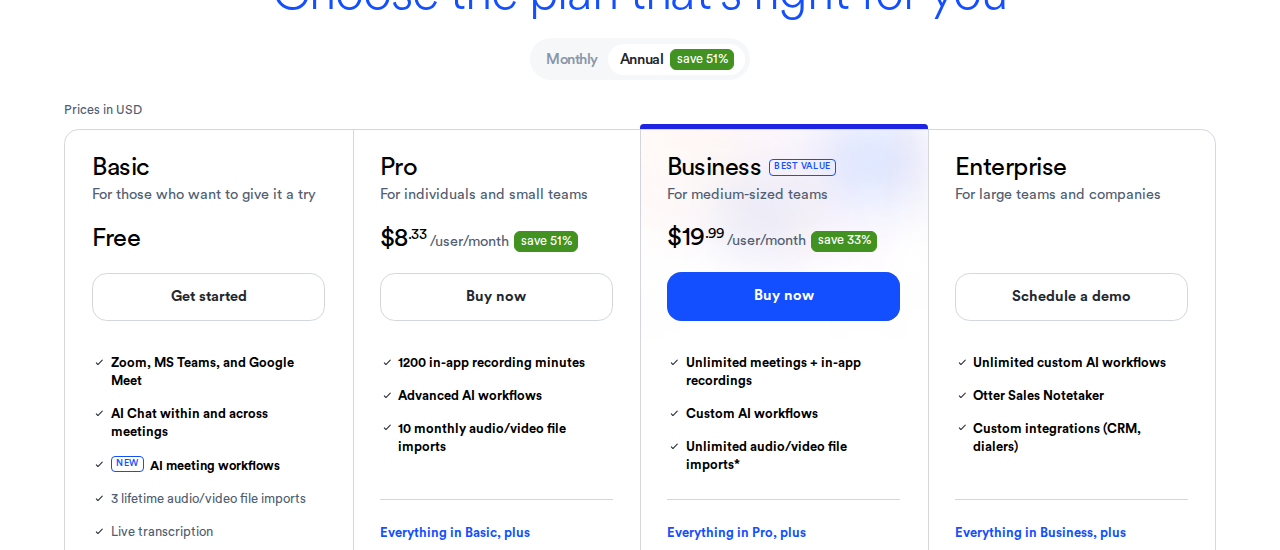 Otter.ai annual plan discount — save 51% on Pro plan with annual billing
