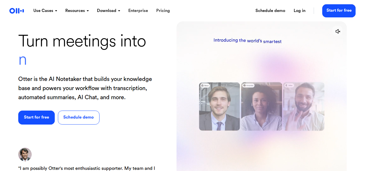 Otter.ai free trial signup page — start for free with no credit card