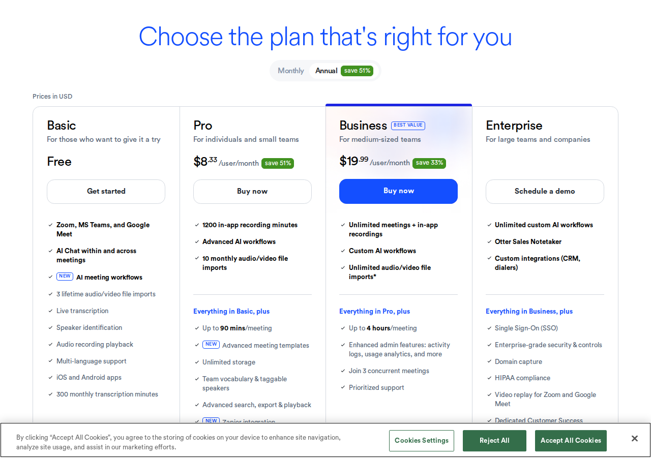 Otter.ai pricing plans comparison 2026 — Basic, Pro, Business and Enterprise